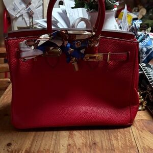 Red Structured Top-Handle Tote Bag
